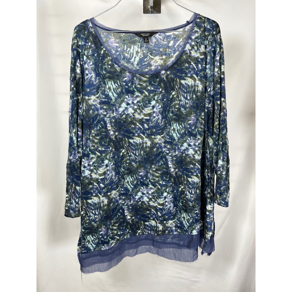 Simply Vera Vera Wang Womens 1X Blue‎ Green Abstract Print Mesh Trim Tunic Top